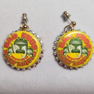 Hand Crafted Yellow and Green Frog Bottle Cap Earrings